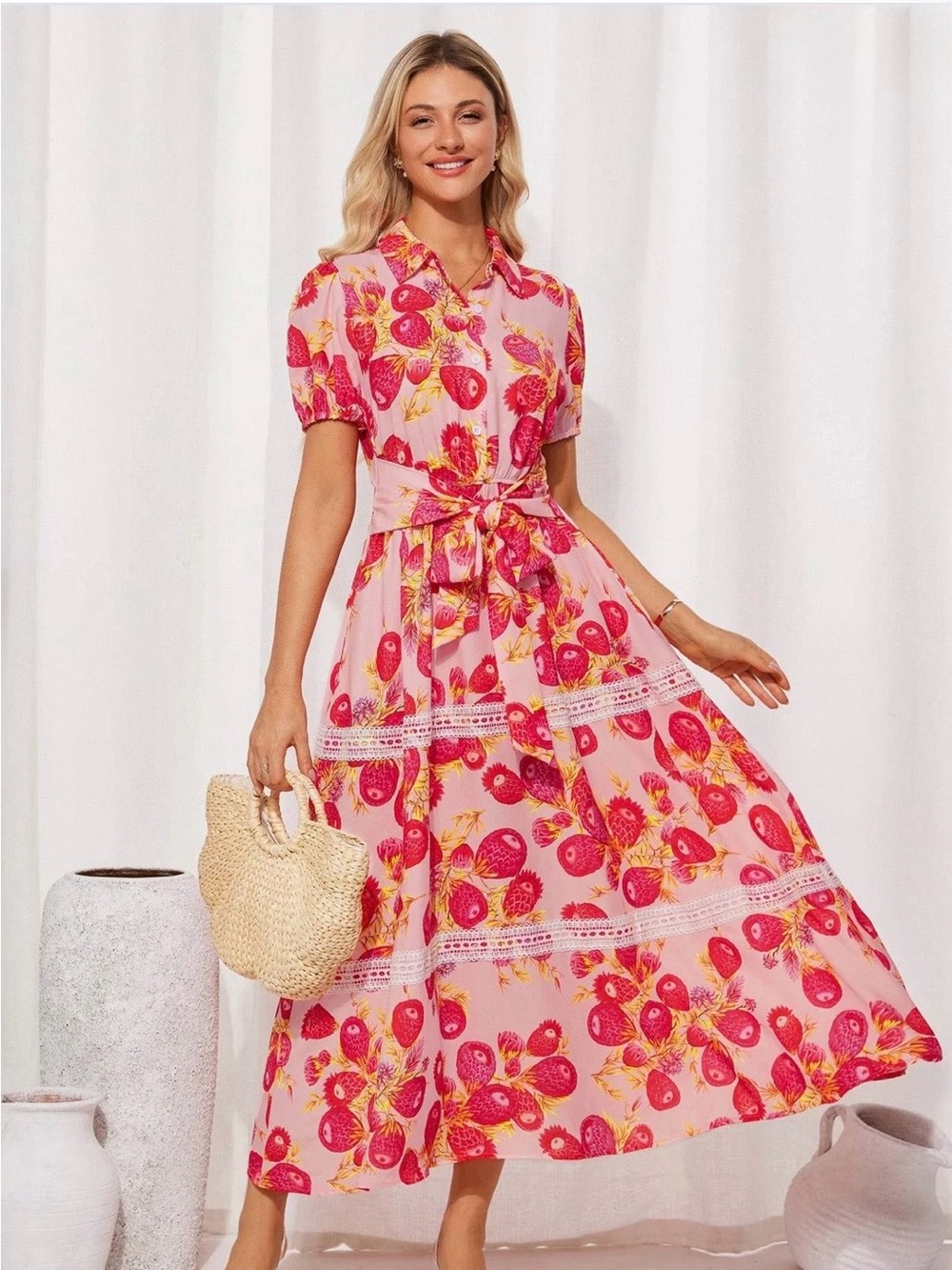 Grace Karin Pink Floral Tie Belt Maxi Dress NWT